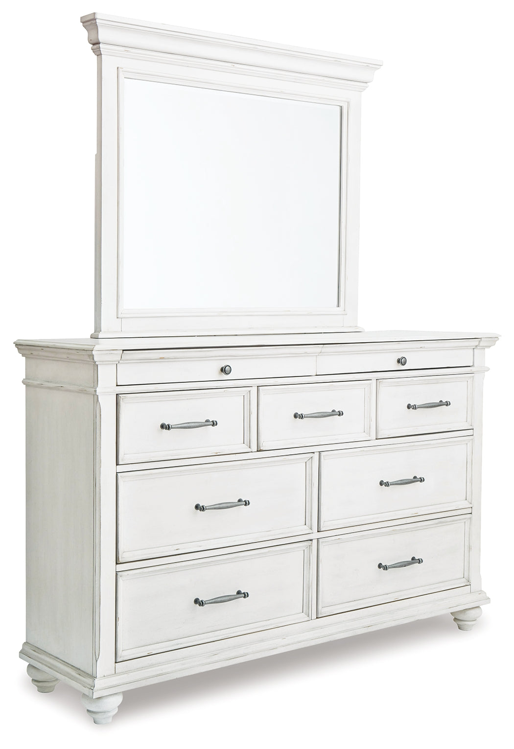 Kanwyn Whitewash Queen Upholstered Panel Bedroom Set with Dresser, Mirror, and Nightstand