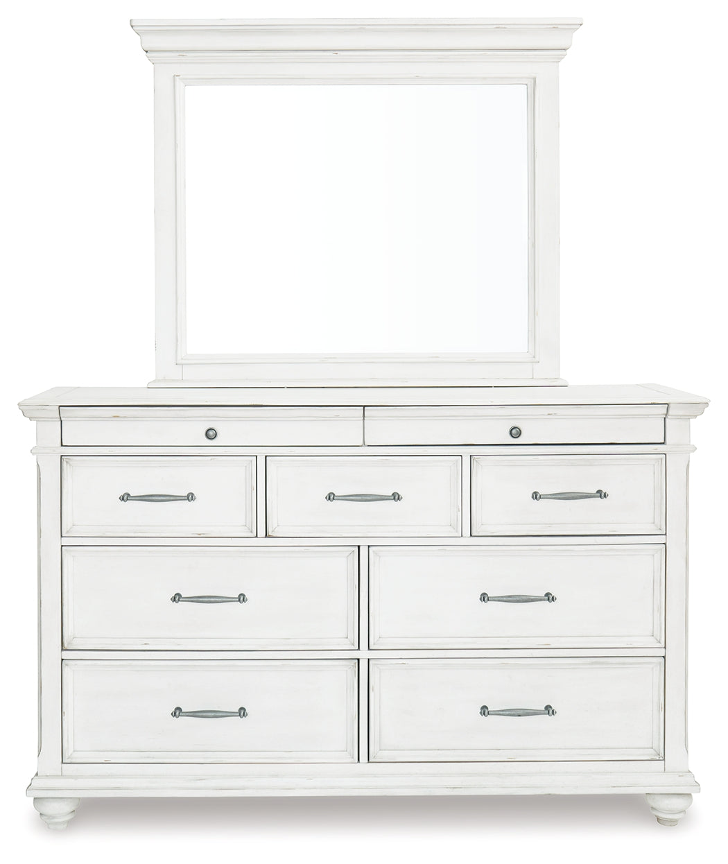 Kanwyn Whitewash Queen Upholstered Panel Bedroom Set with Dresser, Mirror, and Nightstand