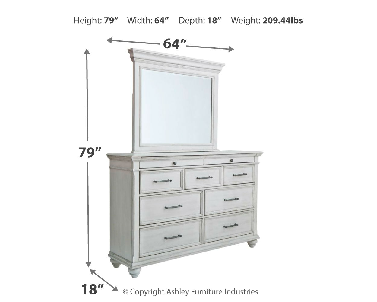 Kanwyn Whitewash Queen Upholstered Panel Bedroom Set with Dresser, Mirror, and Nightstand