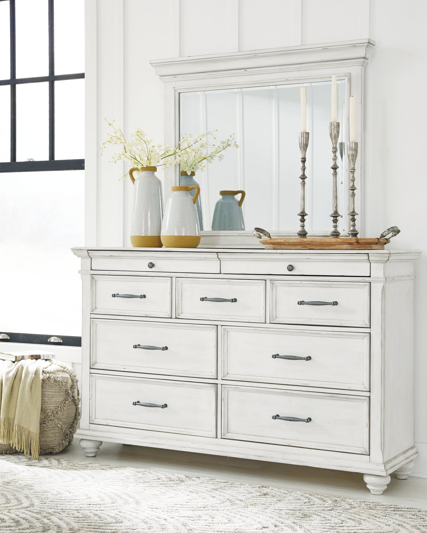 Kanwyn Whitewash King Upholstered Storage Bedroom Set with Dresser, Mirror and Nightstand