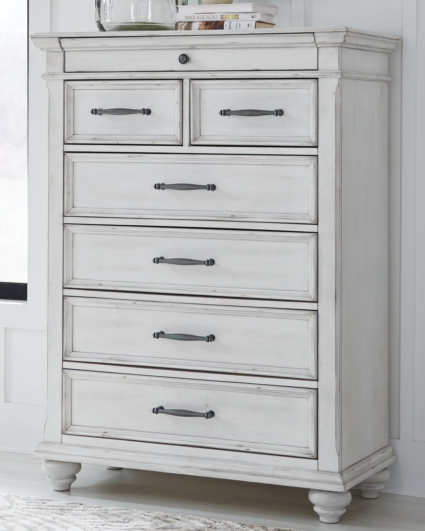 Kanwyn Whitewash King Upholstered Panel Bedroom Set with Dresser, Mirror and Chest