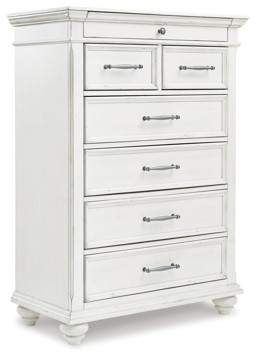 Kanwyn Whitewash Cal King Upholstered Panel Bedroom Set with Dresser, Mirror and Chest