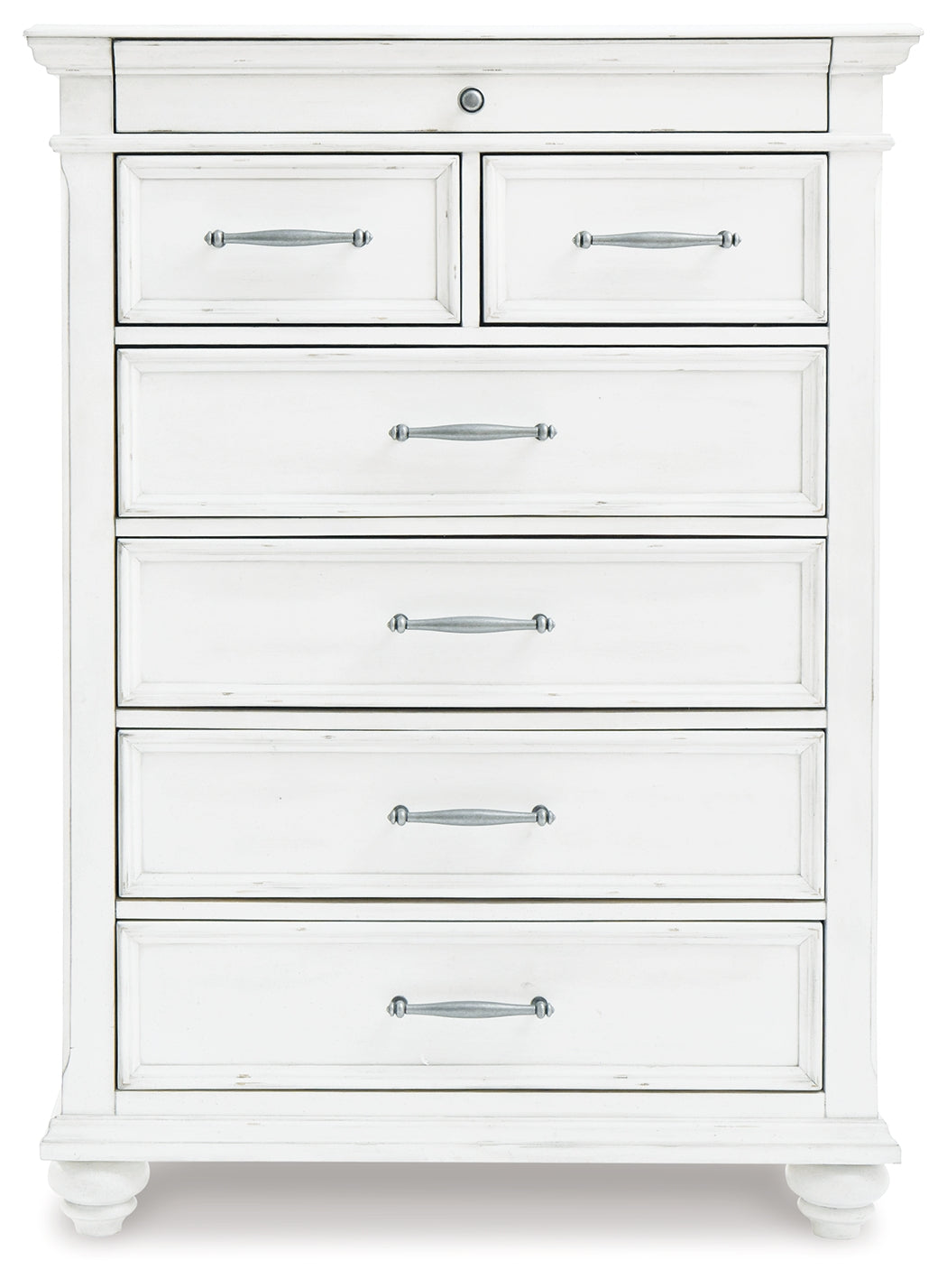 Kanwyn Whitewash Cal King Upholstered Panel Bedroom Set with Dresser, Mirror and Chest