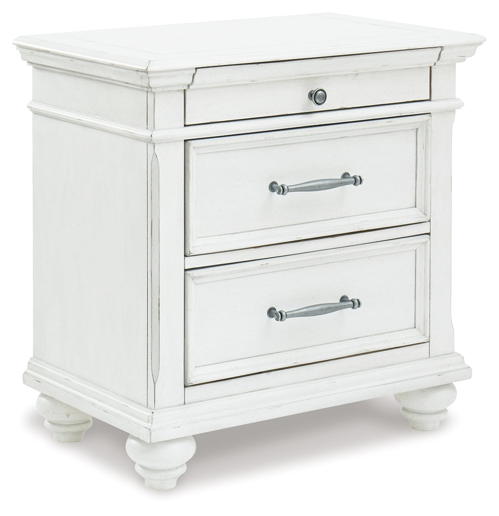 Kanwyn Whitewash Queen Upholstered Panel Bedroom Set with Dresser, Mirror, and Nightstand