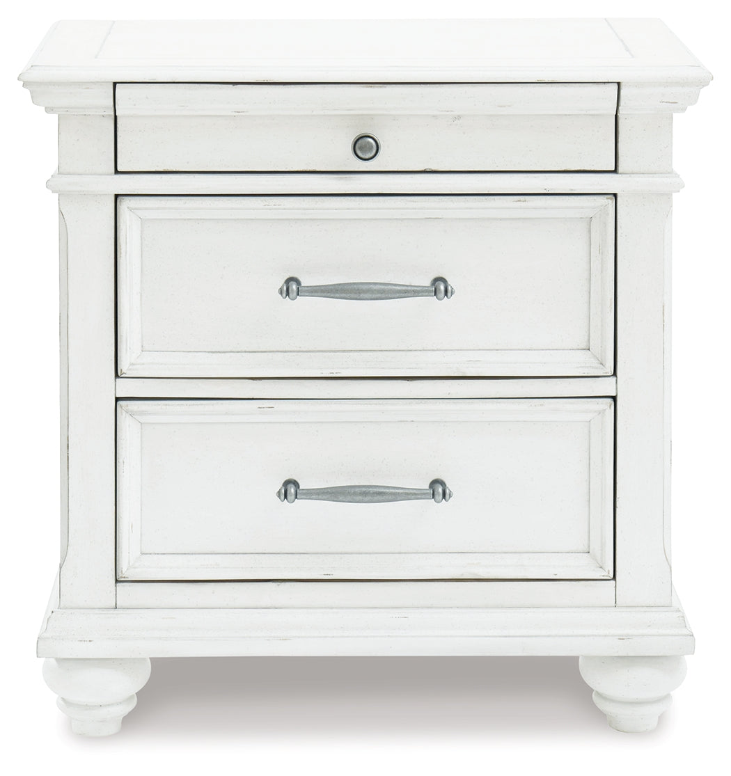 Kanwyn Whitewash Queen Upholstered Panel Bedroom Set with Dresser, Mirror, and Nightstand