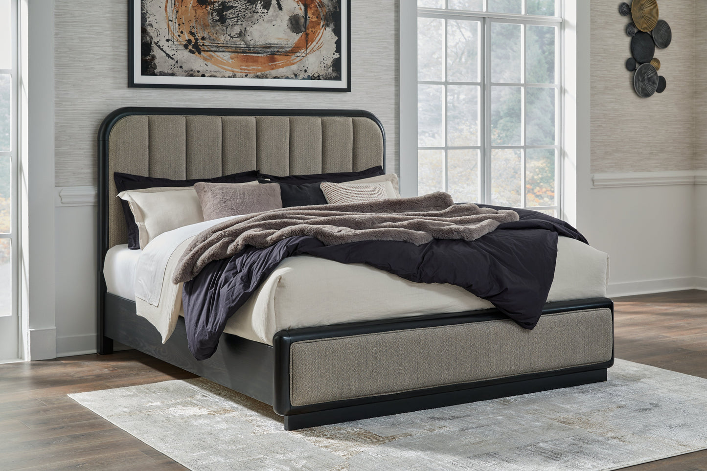 Rowanbeck Gray/Black King Upholstered Panel Bed