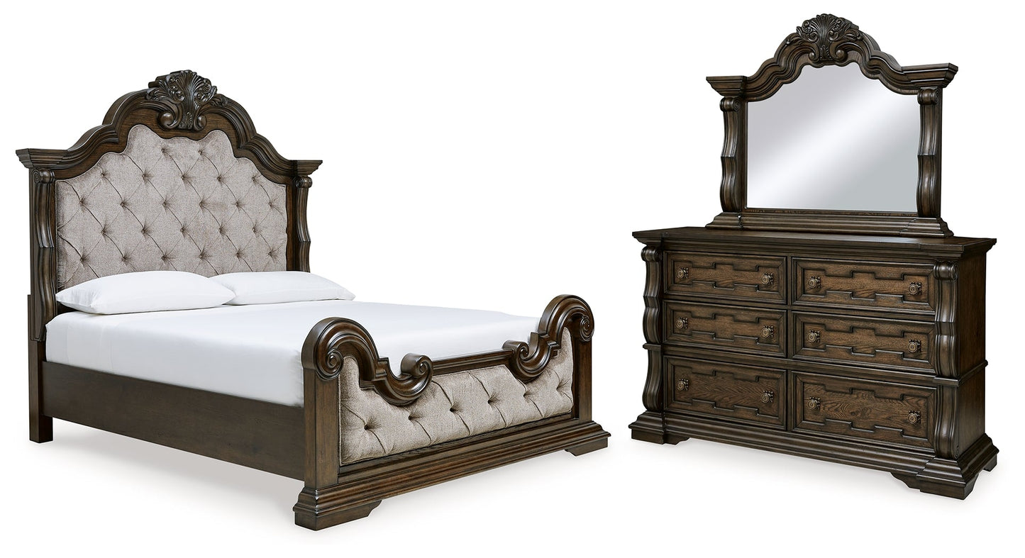 Maylee California King Upholstered Bedroom Set with Dresser and Mirror