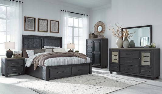 Foyland Black/Brown Cal King Panel Storage Bedroom Set with Dresser, Mirror, Chest and Nightstand