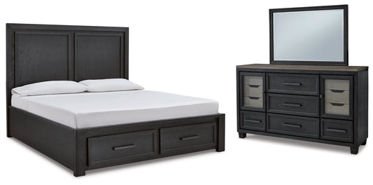 Foyland Black/Brown Queen Panel Storage Bedroom Set with Dresser and Mirror