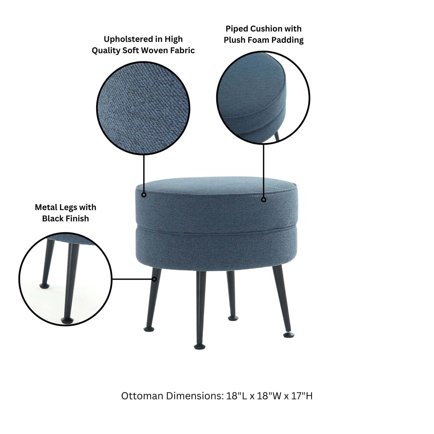 Bailey Ottoman in Blue with Black Feet - Ornate Home