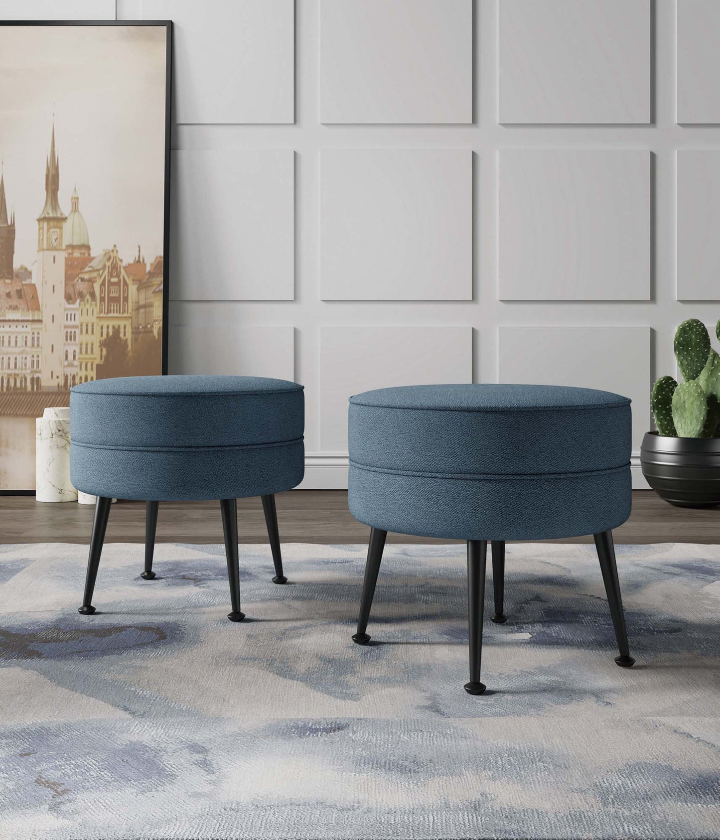 Bailey Ottoman in Blue with Black Feet (set of 2) - Ornate Home