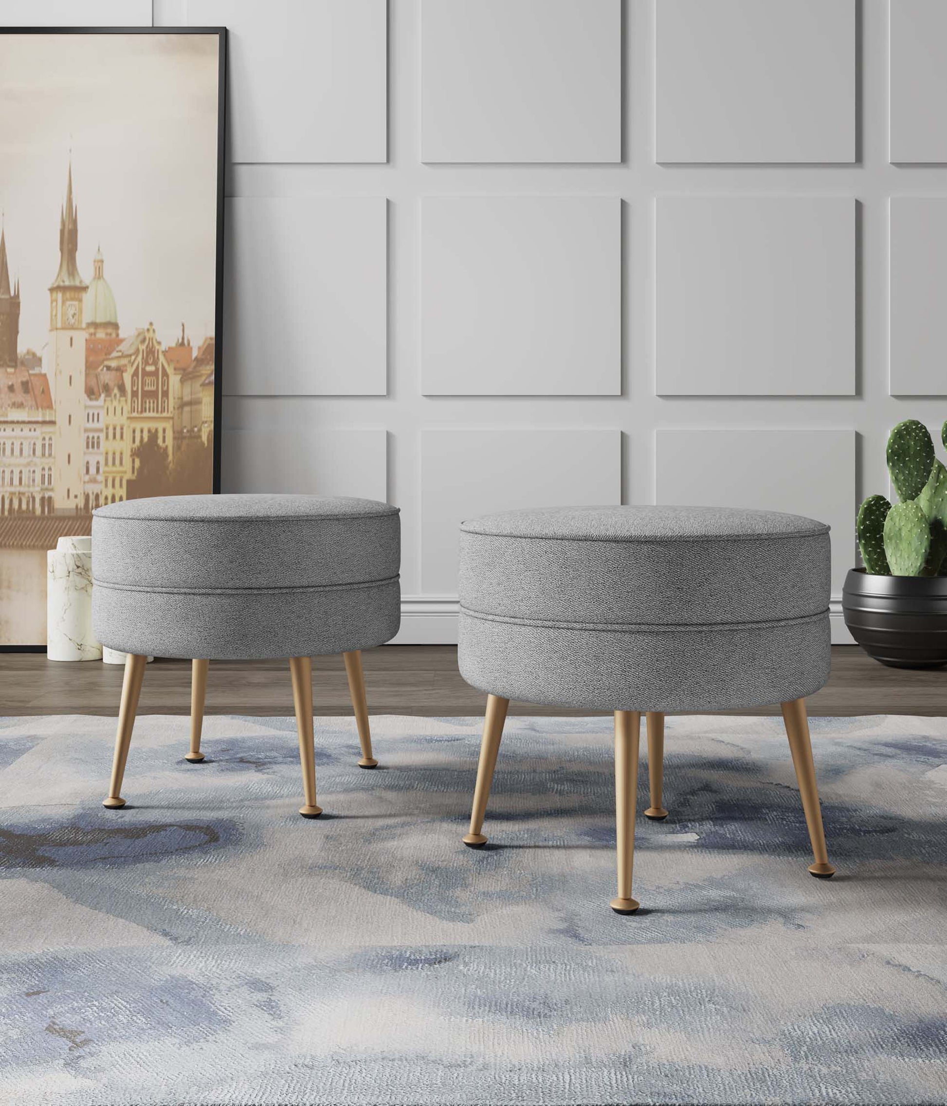 Bailey Ottoman in Grey with Gold Feet (set of 2) - Ornate Home