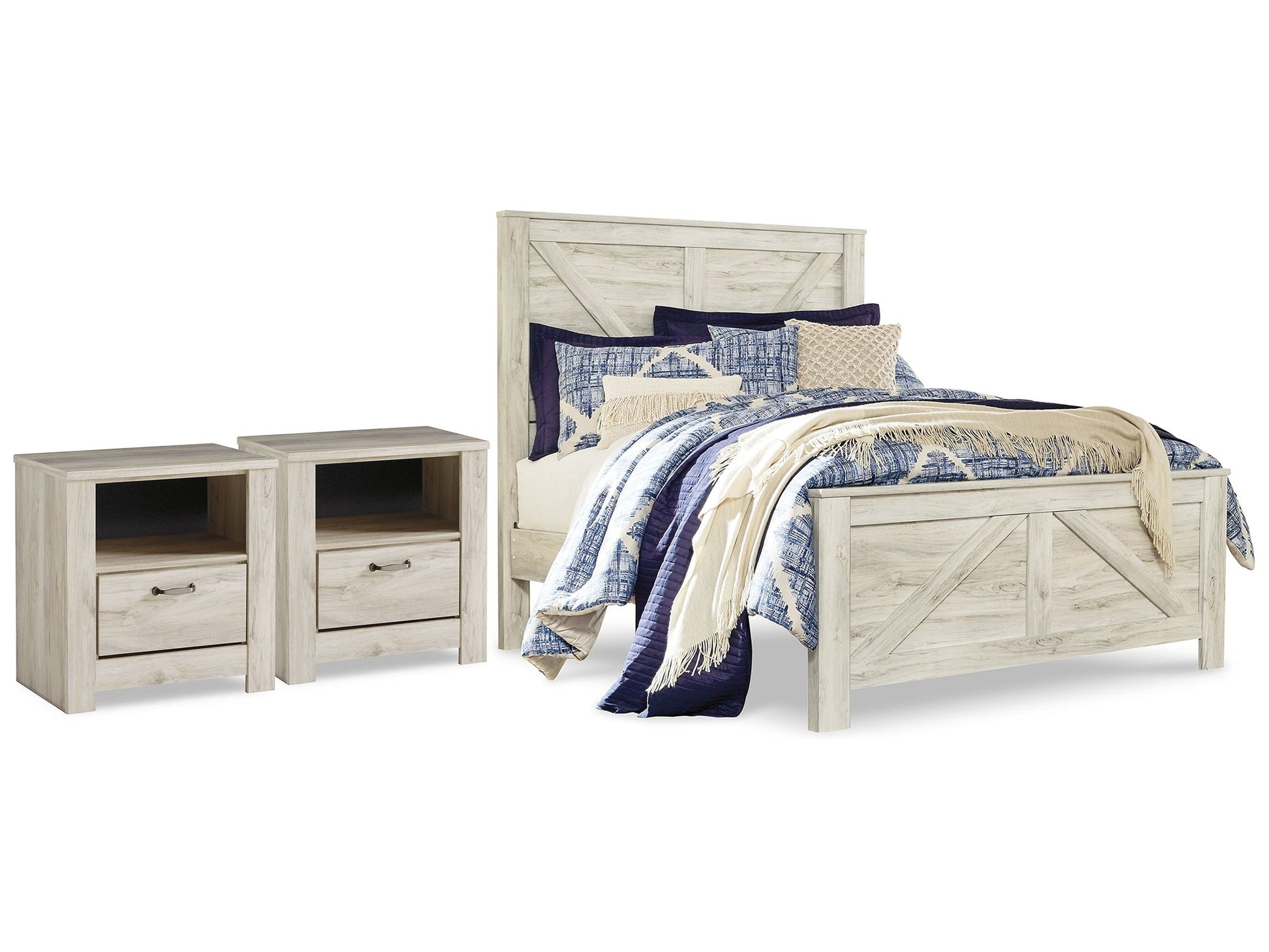 Bellaby Whitewash Queen Crossbuck Panel Bedroom Set with 2 Nightstands- Viva Furn