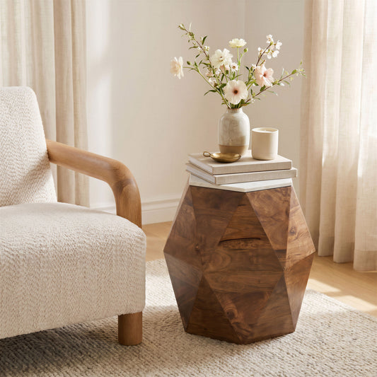 Bisel White & Walnut Side Table - Ornate Home