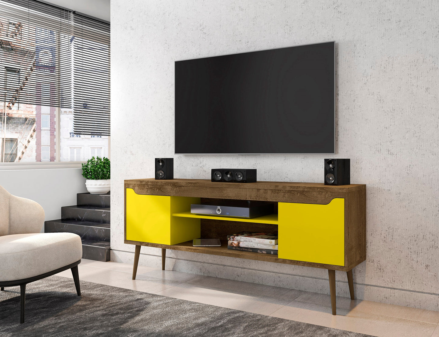 Bradley 62.99 TV Stand in Rustic Brown and Yellow - Ornate Home