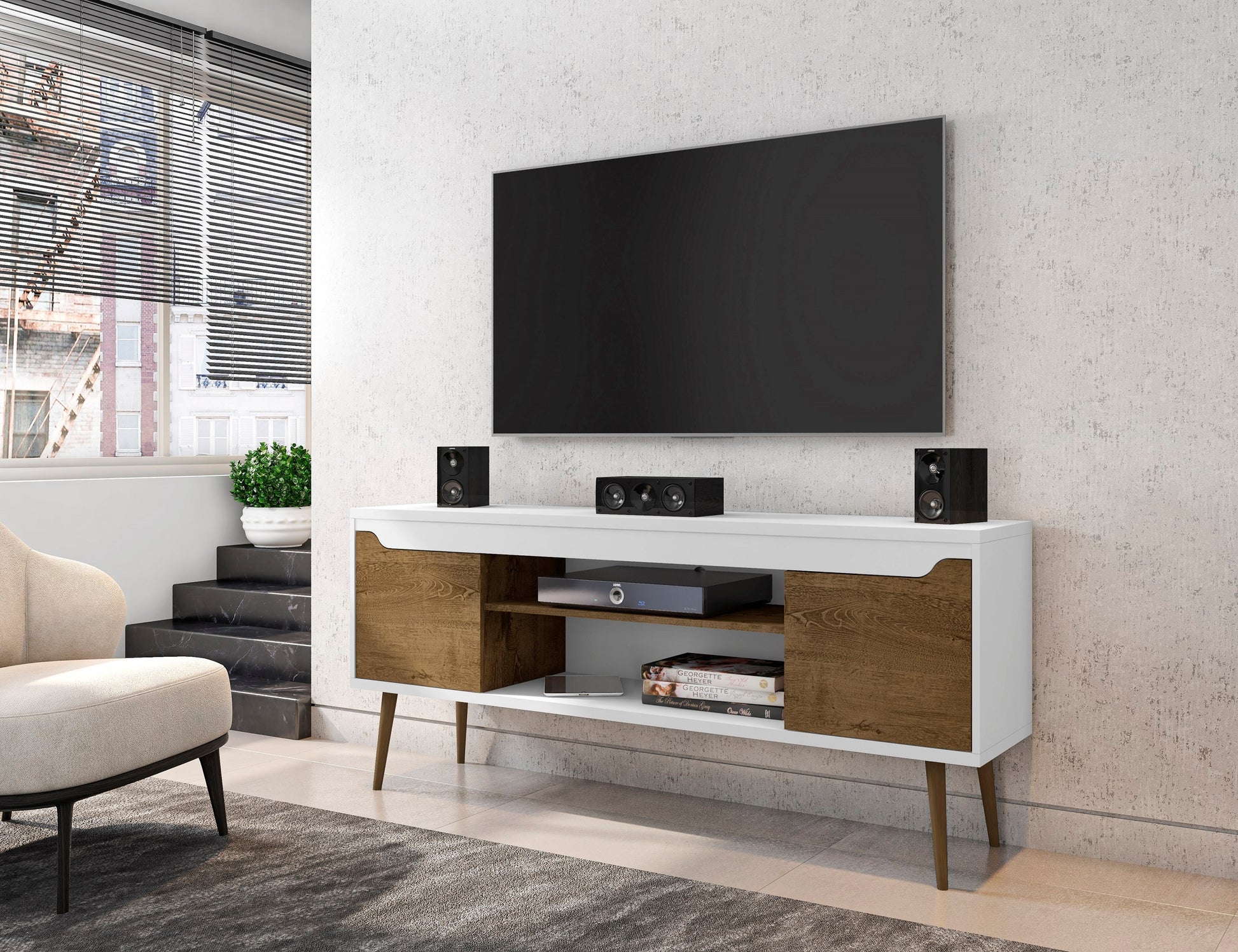Bradley 62.99 TV Stand in White and Rustic Brown - Ornate Home