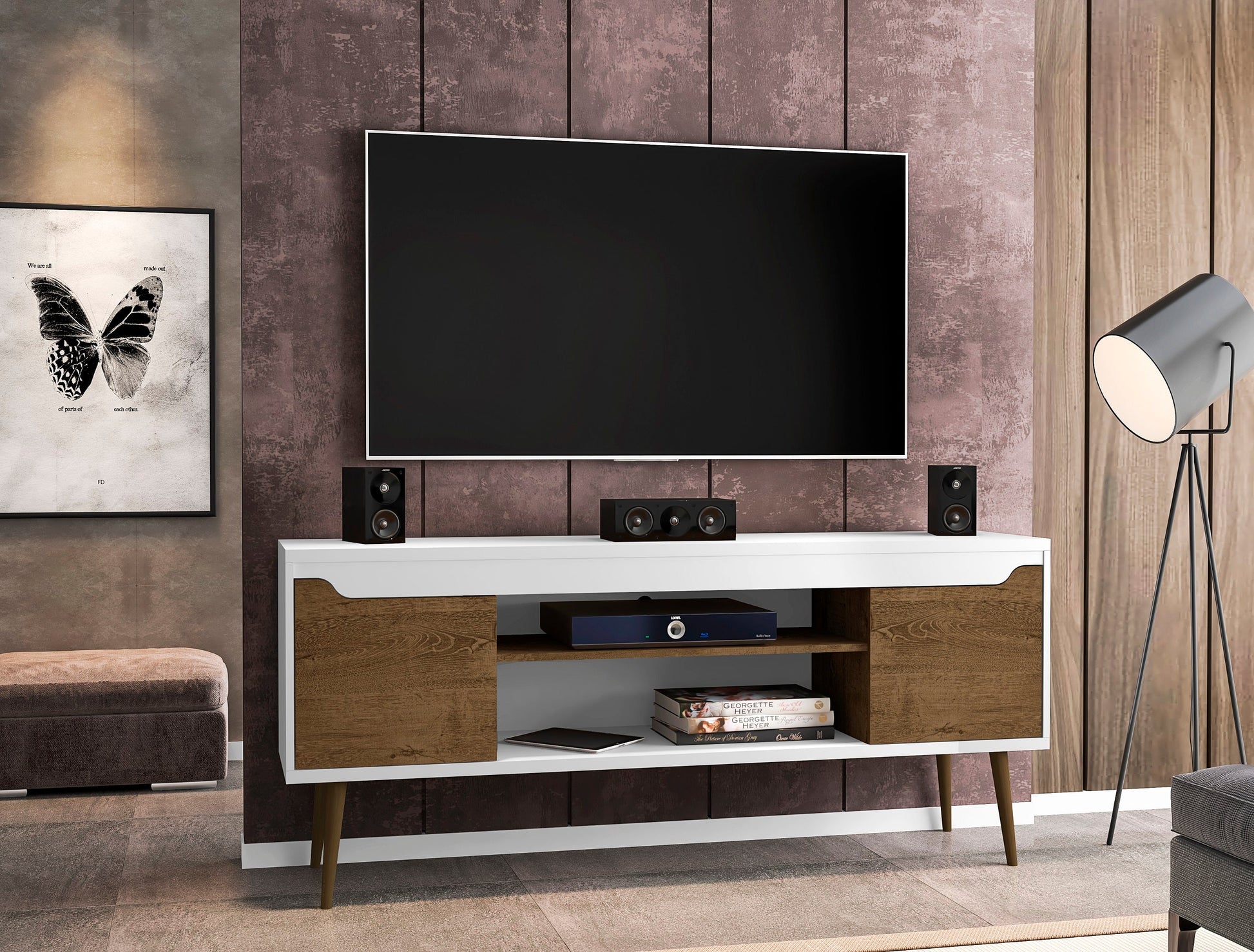 Bradley 62.99 TV Stand in White and Rustic Brown - Ornate Home