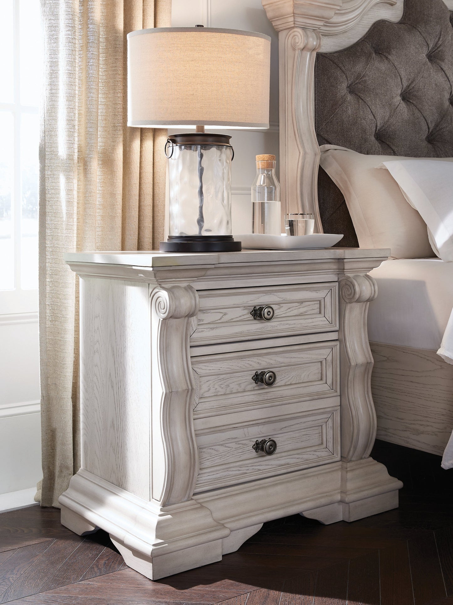 Bruchandi Antique White Three Drawer Night Stand- Viva Furn