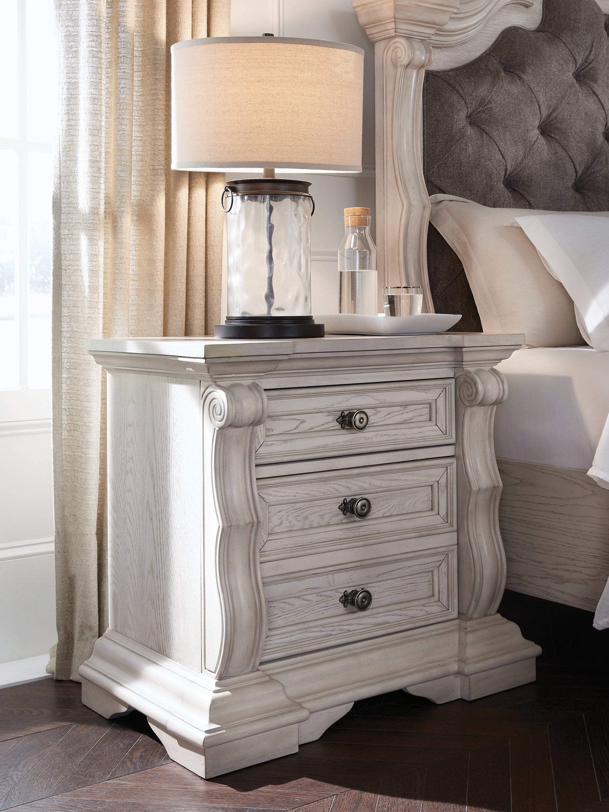 Bruchandi Antique White Three Drawer Night Stand- Viva Furn