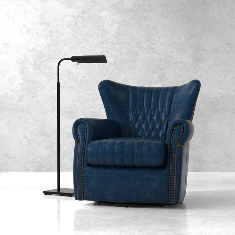 Bugatti Blue Leather Swivel Chair - Ornate Home