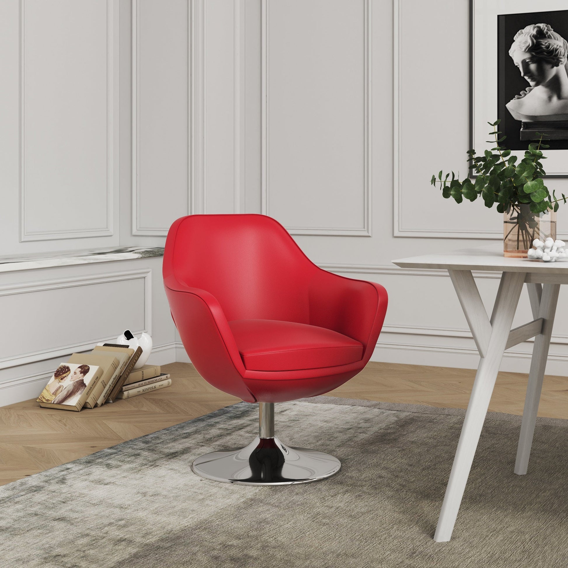 Caisson Faux Leather Swivel Accent Chair in Red and Polished Chrome - Ornate Home