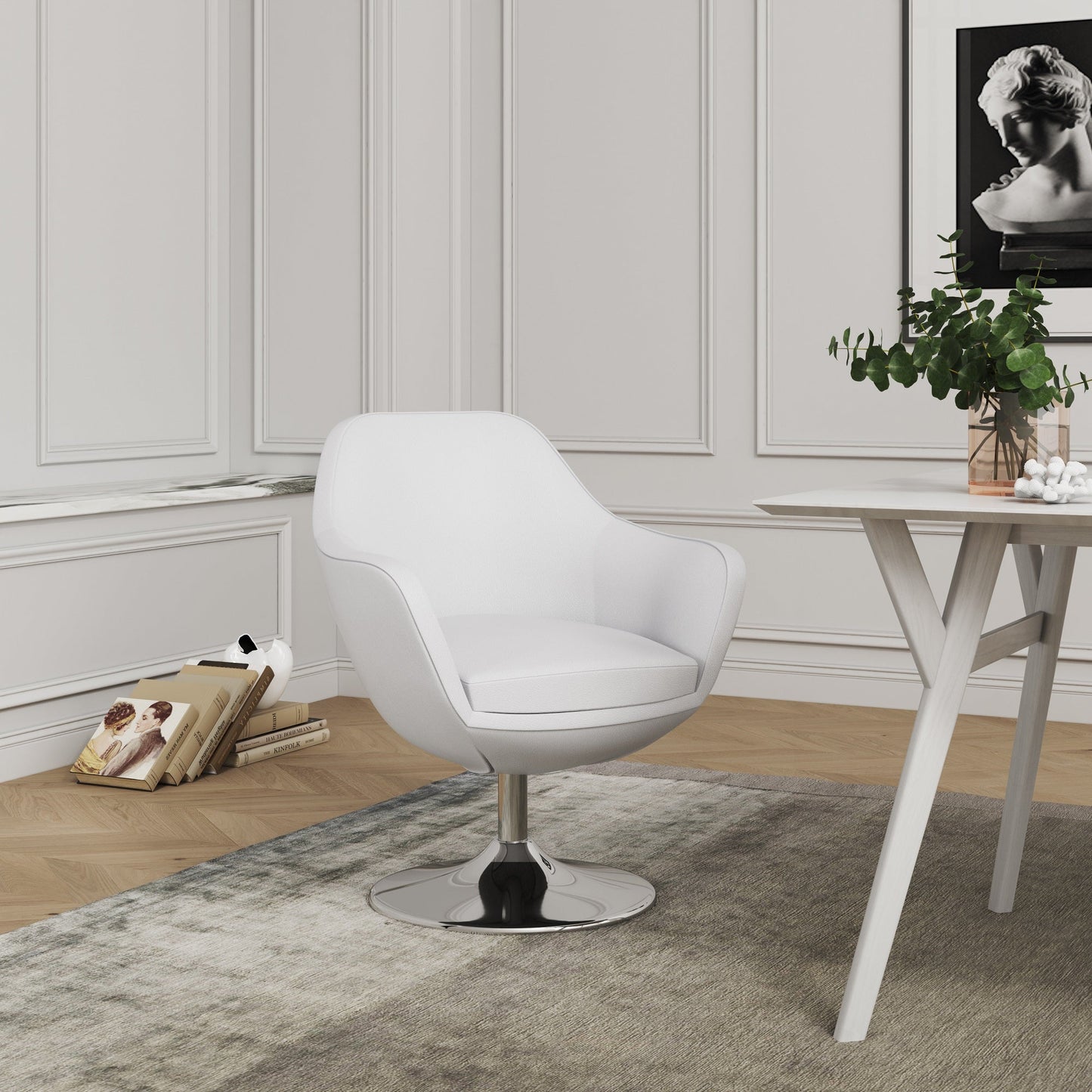 Caisson Faux Leather Swivel Accent Chair in White and Polished Chrome - Ornate Home