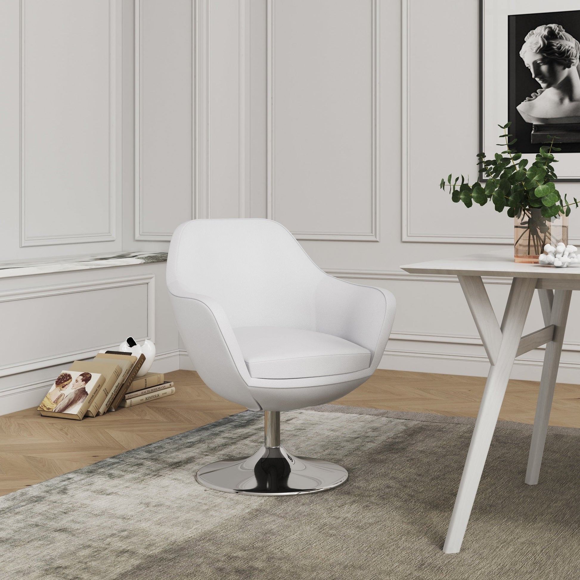 Caisson Faux Leather Swivel Accent Chair in White and Polished Chrome - Ornate Home