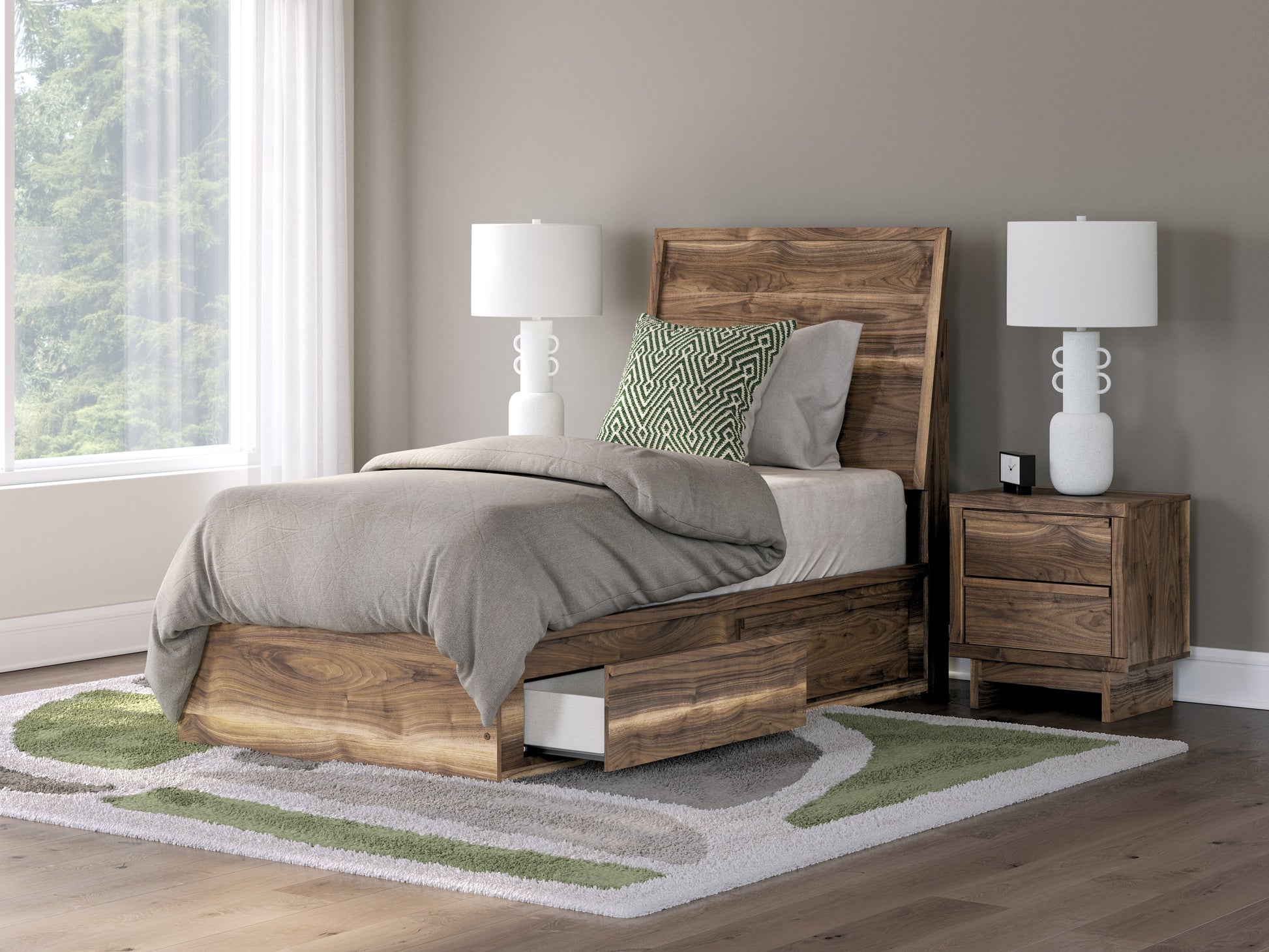 Chirason Brown Twin Panel Bed with Storage- Viva Furn