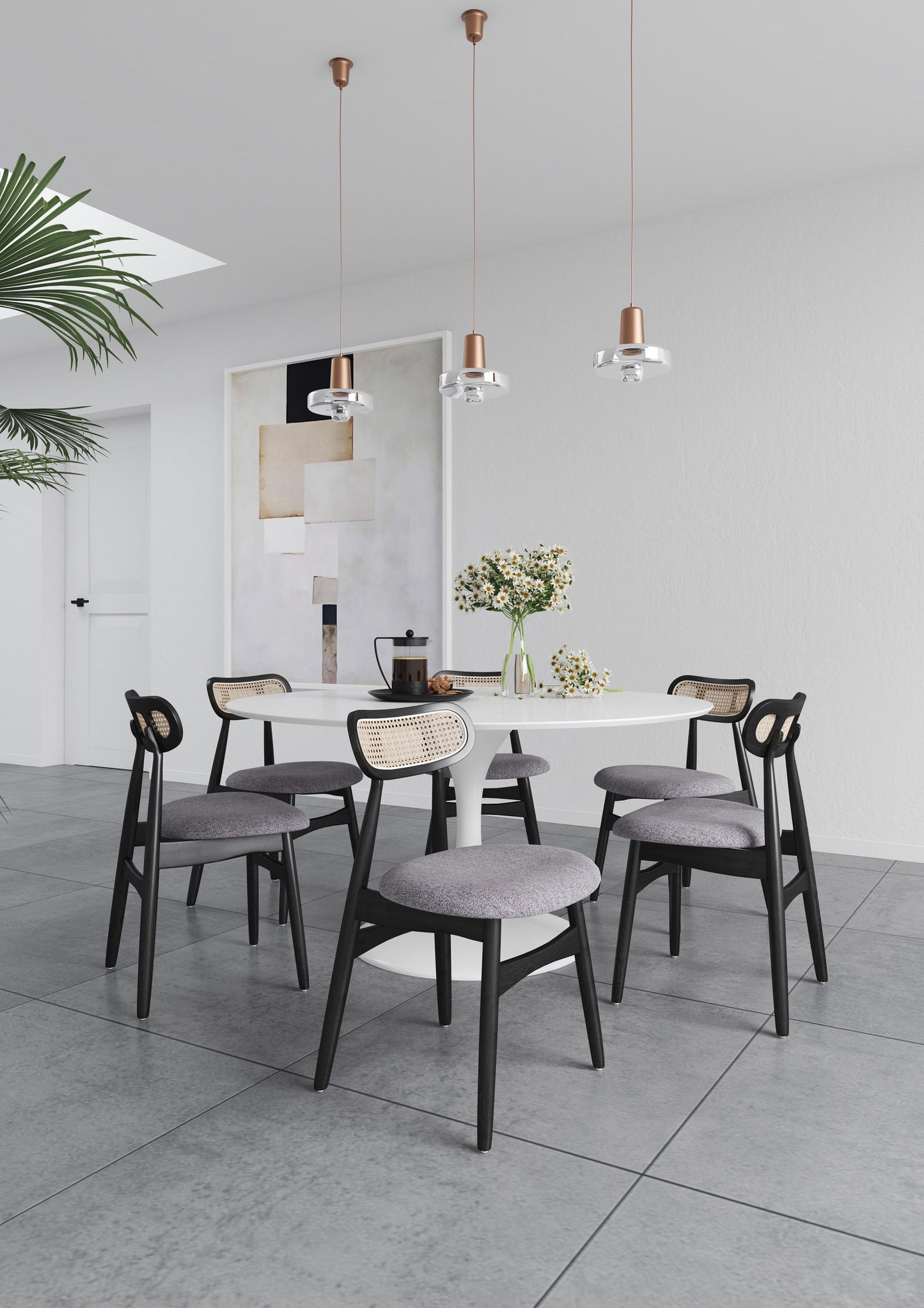 Colbert Dining Chair in Black and Cane with Grey Upholstered Seating (set of 4) - Ornate Home