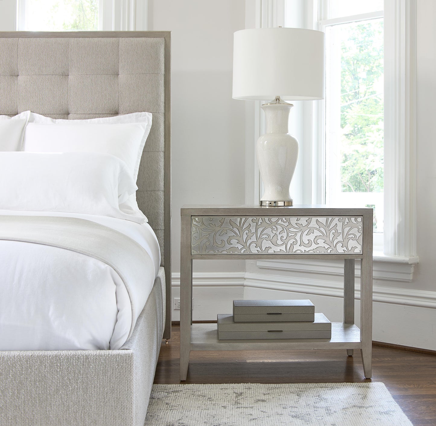 Cornelia Glazed Stainless Steel/Nebbia Nightstand - Ornate Home