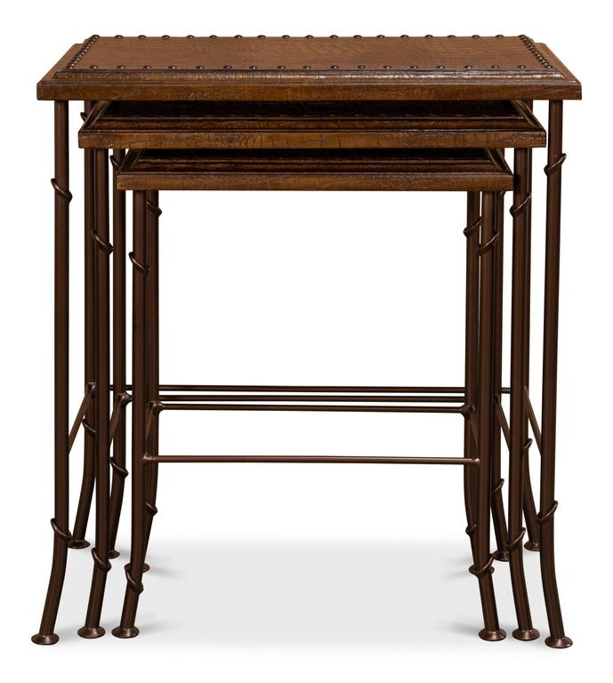 Croc Brown Leather Nesting Tables (Set of 3) - Ornate Home