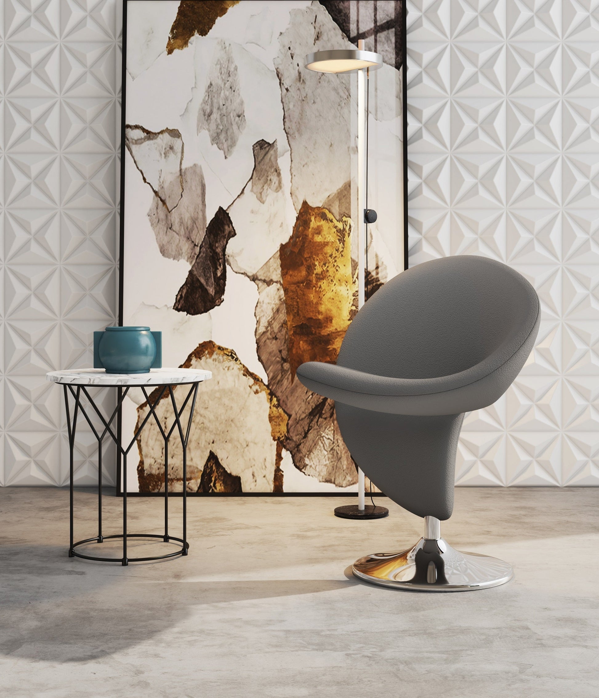 Curl Swivel Accent Chair in Grey and Polished Chrome - Ornate Home