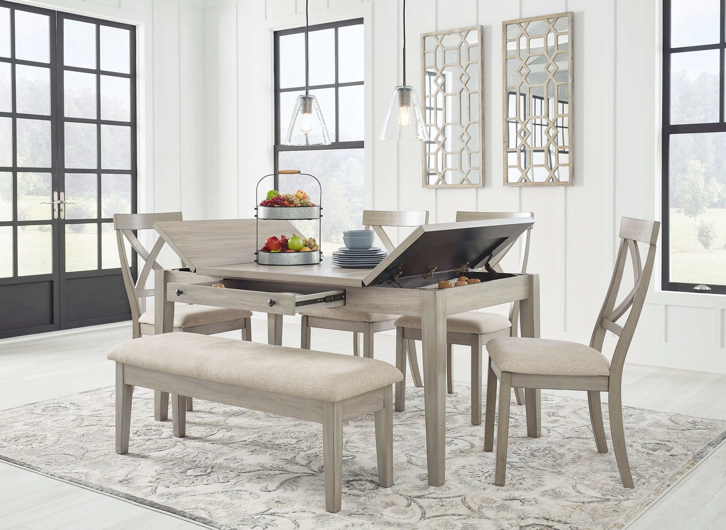 Parellen Gray Dining Room Set with Storage Table & Bench / 6pc