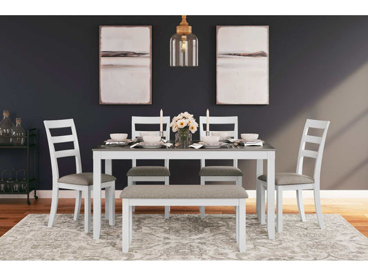 Stonehollow White & Gray Dining Room Set w/ Bench (Set of 6)