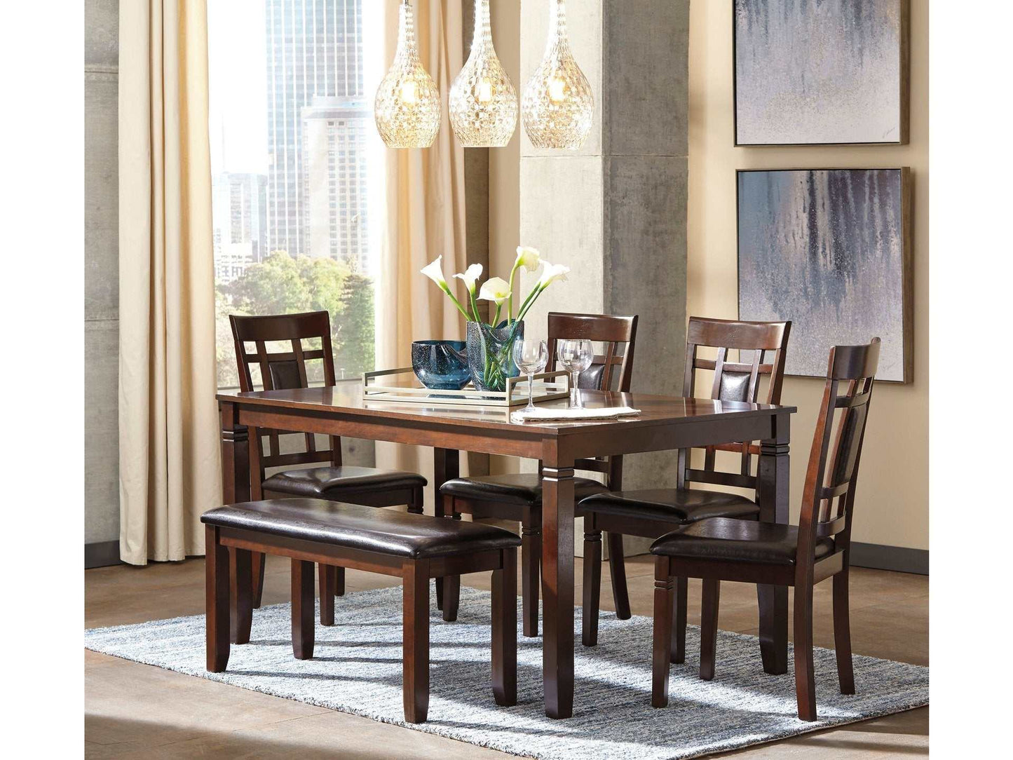 Bennox Brown Dining Room Set w/ Bench (Set of 6)