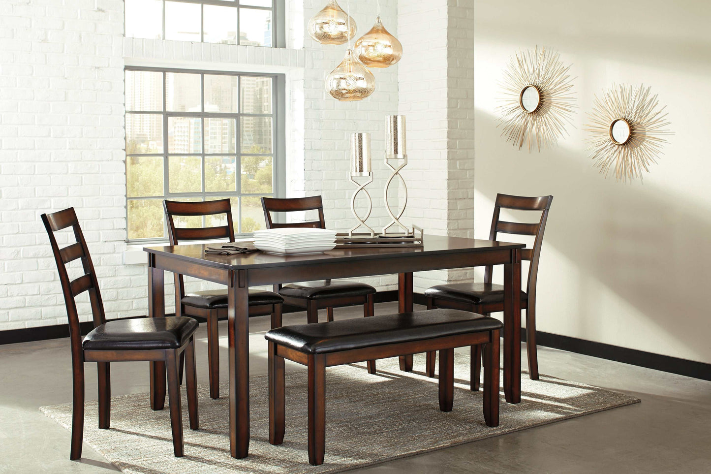 Coviar Brown Dining Room Set w/ Bench (Set of 6)