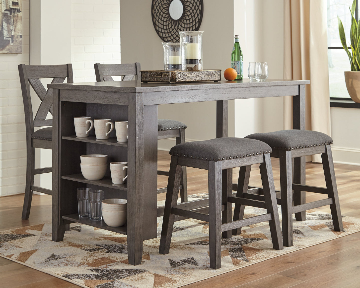 Caitbrook Gray Counter Height Dining Table and 4 Barstools