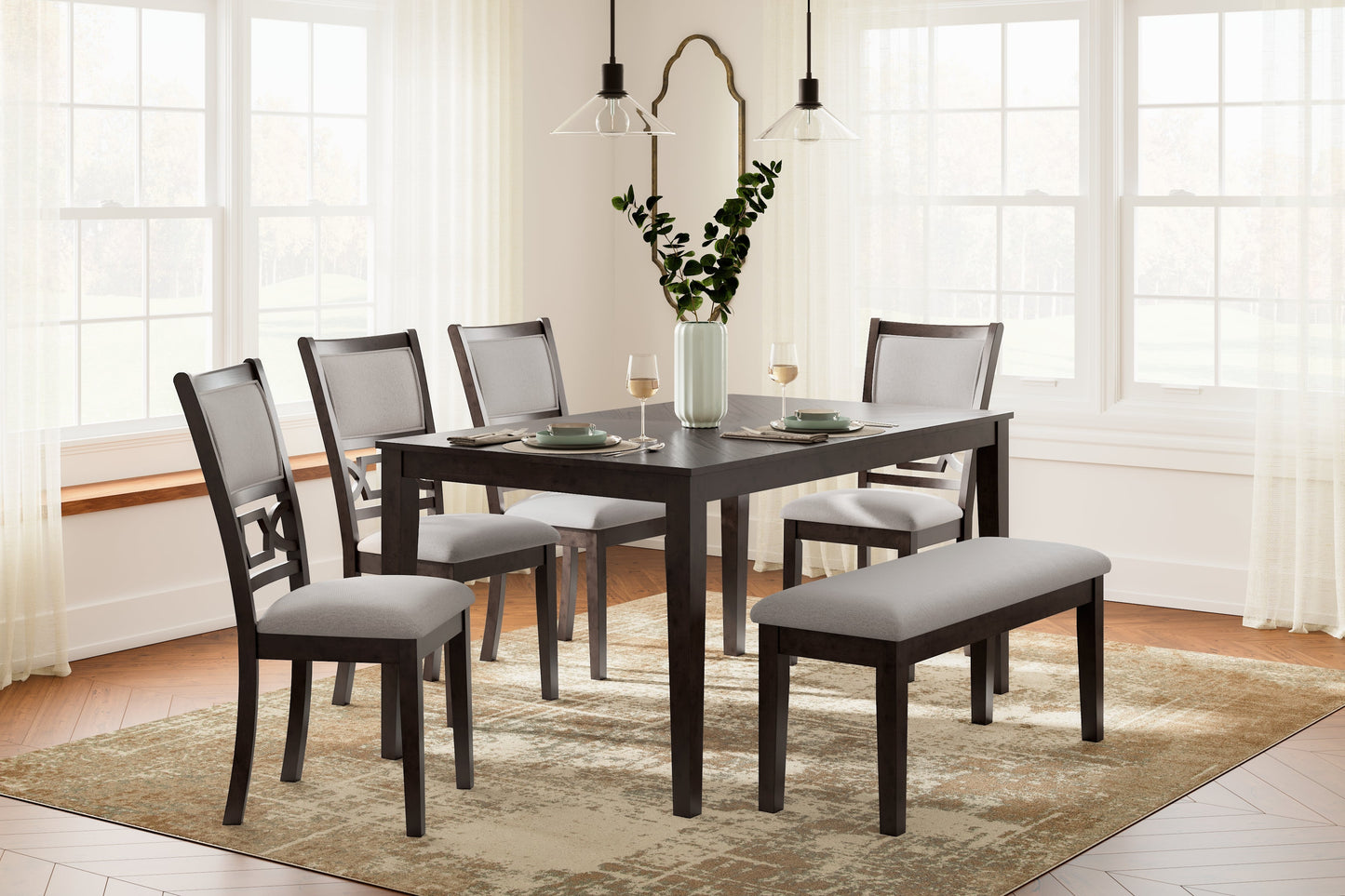 Langwest Brown Dining Table and 4 Chairs and Bench (Set of 6)