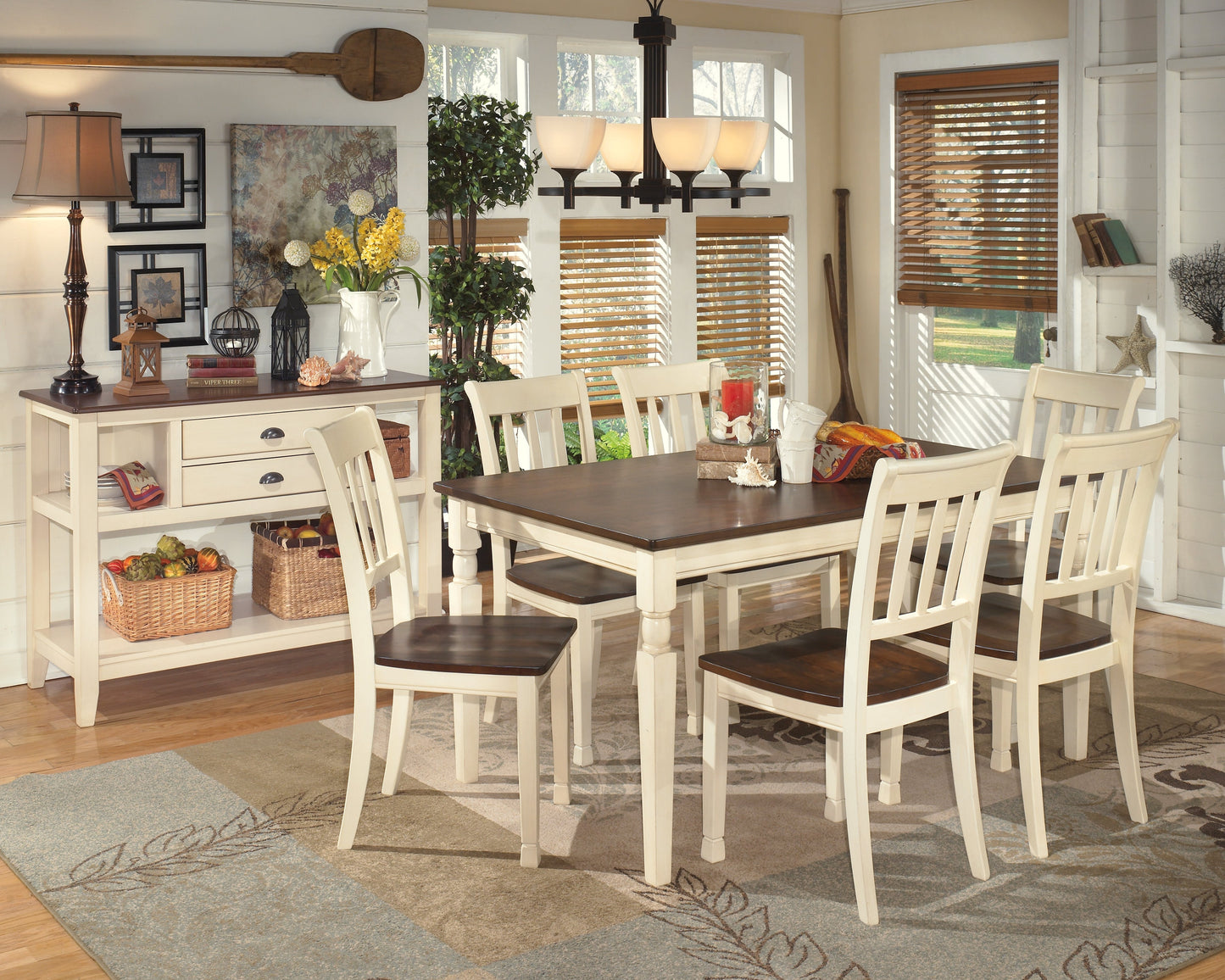 Whitesburg Brown/Cottage White Dining Table and 6 Chairs with Server