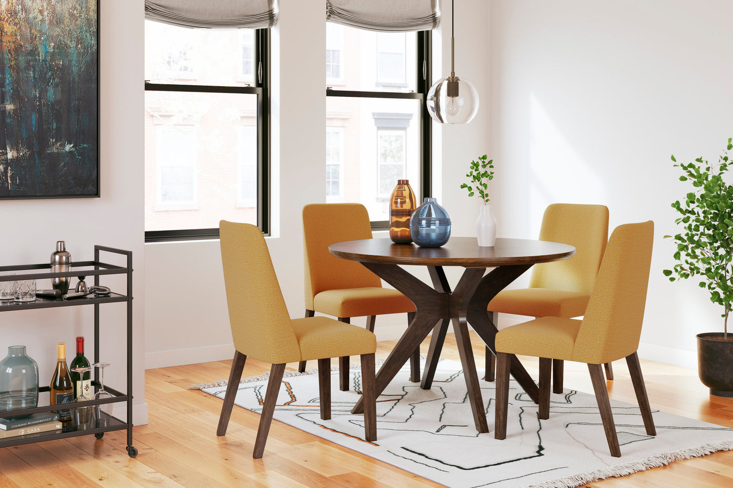 Lyncott Mustard & Brown Round Dining Room Set / 5pc