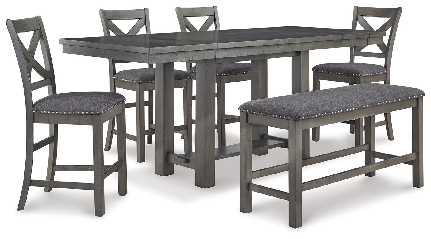 Myshanna Gray Counter Height Dining Table, 4 Barstools and Bench