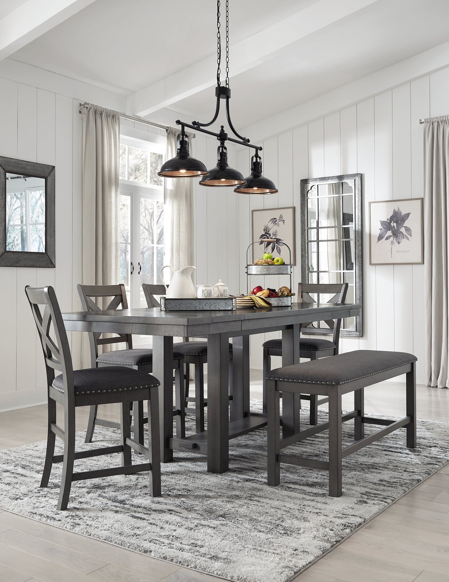 Myshanna Gray Counter Height Dining Table, 4 Barstools and Bench