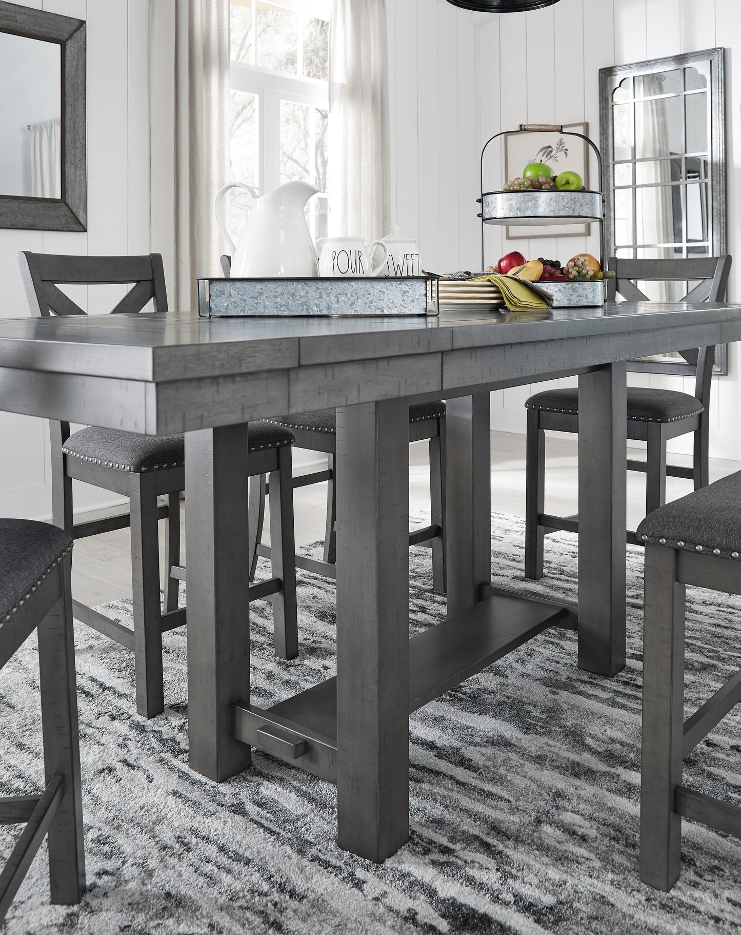 Myshanna Gray Counter Height Dining Table, 4 Barstools and Bench