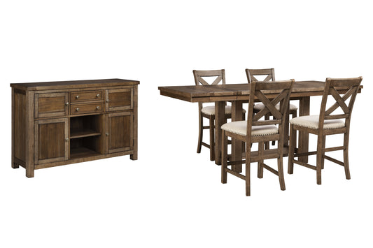 Moriville Grayish Brown Counter Height Dining Table, 4 Barstools and Server