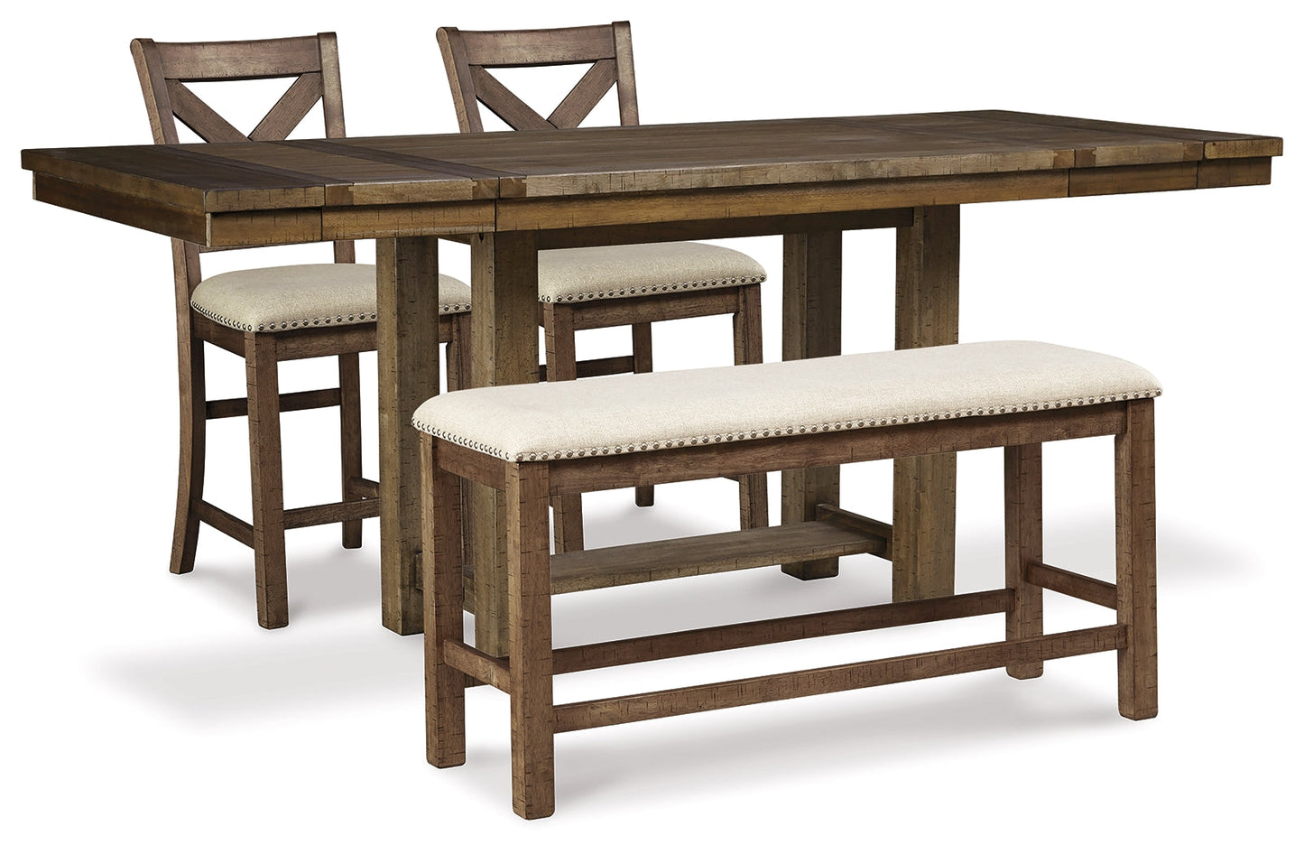 Moriville Beige Counter Height Dining Table and 2 Barstools and Bench