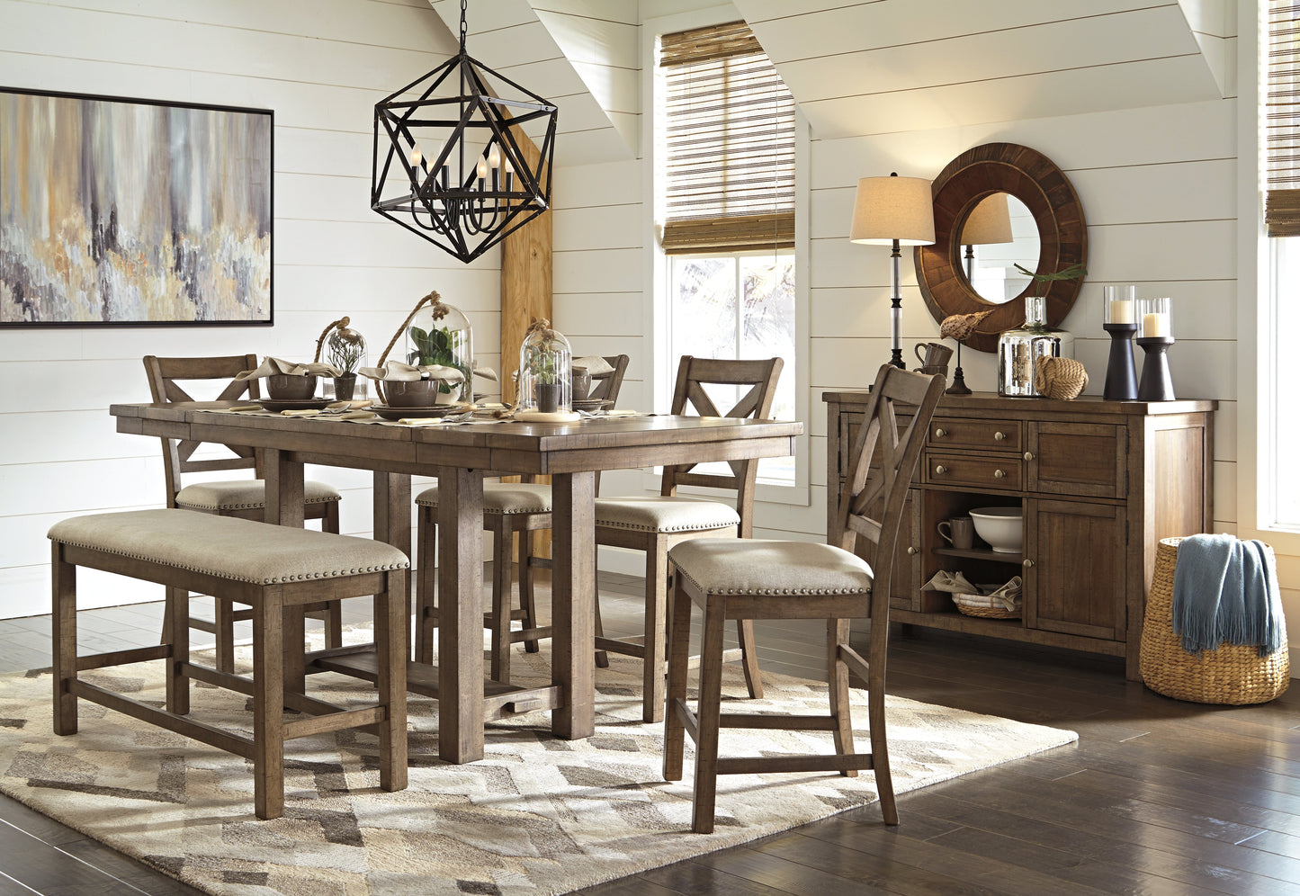 Moriville Grayish Brown Counter Height Dining Table with 4 Barstools, Bench, and Server