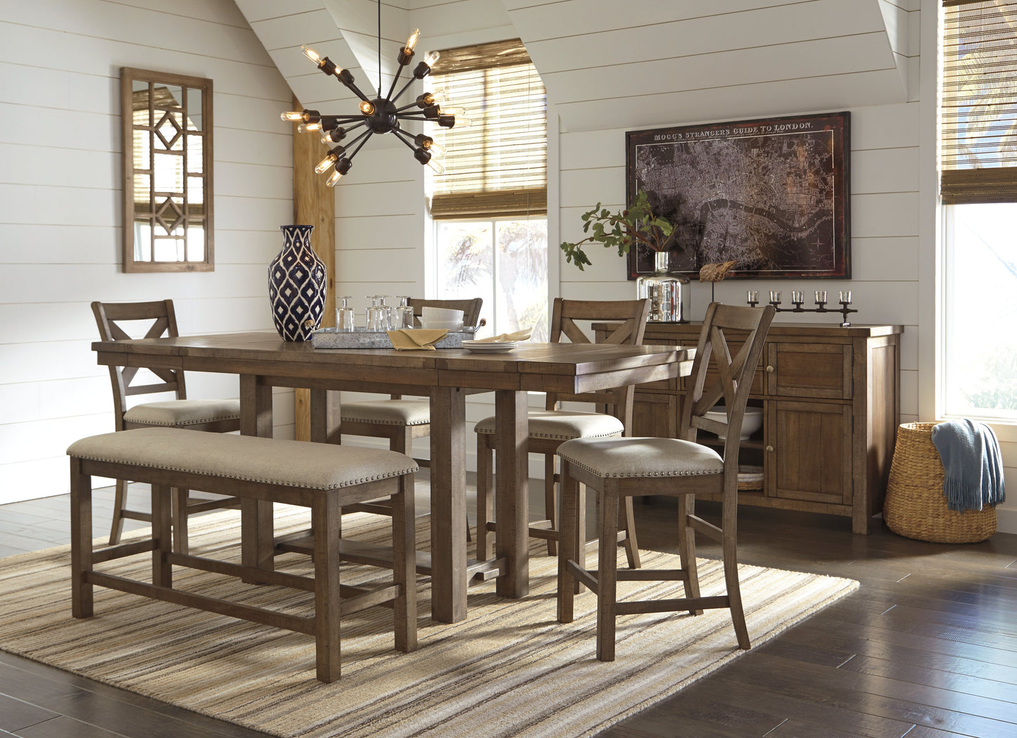 Moriville Grayish Brown Counter Height Dining Table with 4 Barstools, Bench, and Server