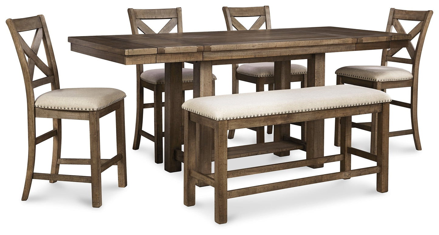 Moriville Grayish Brown Counter Height Dining Table with 4 Barstools and Bench