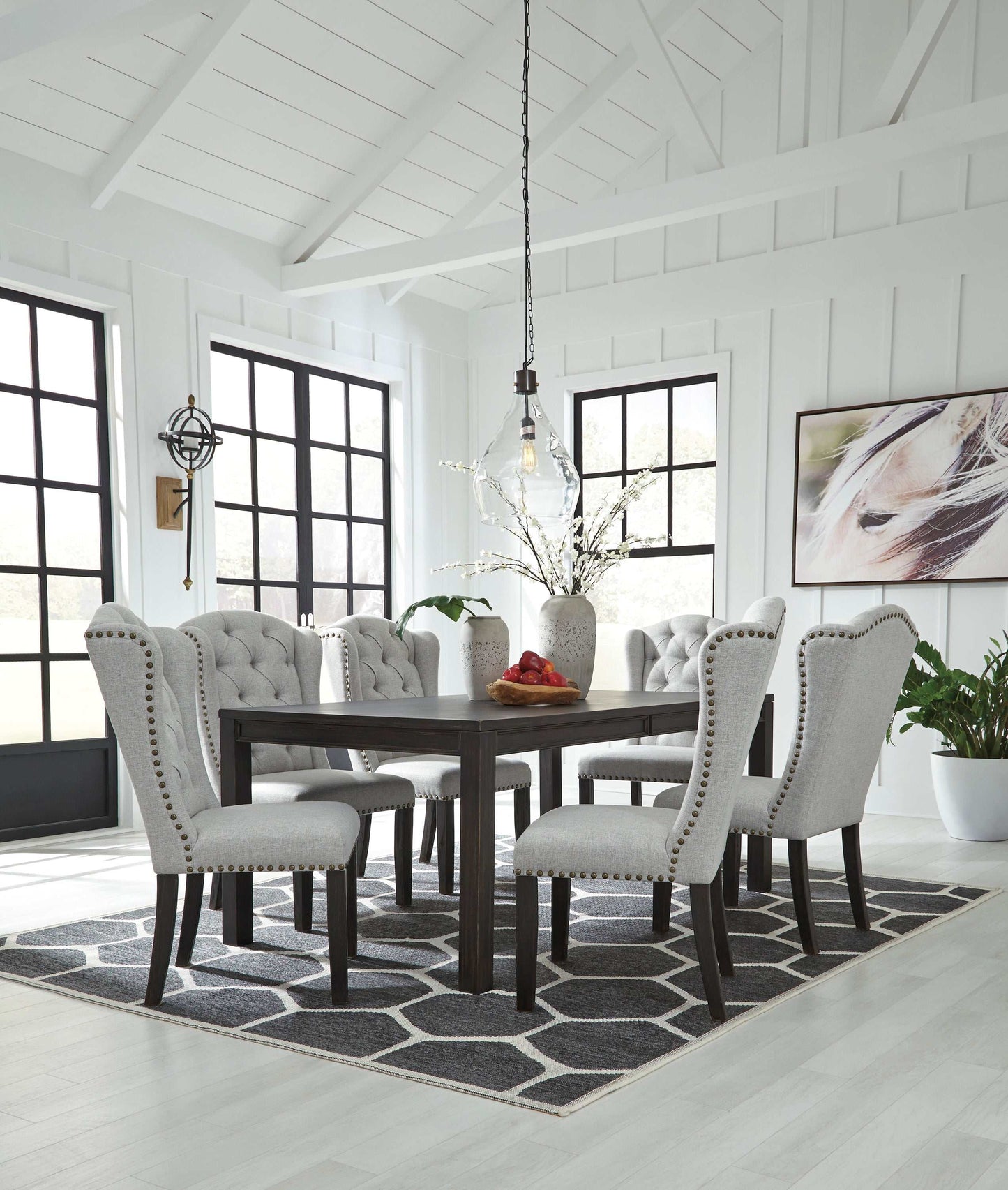 Jeanette Black & Linen Dining Room Set / 7pc