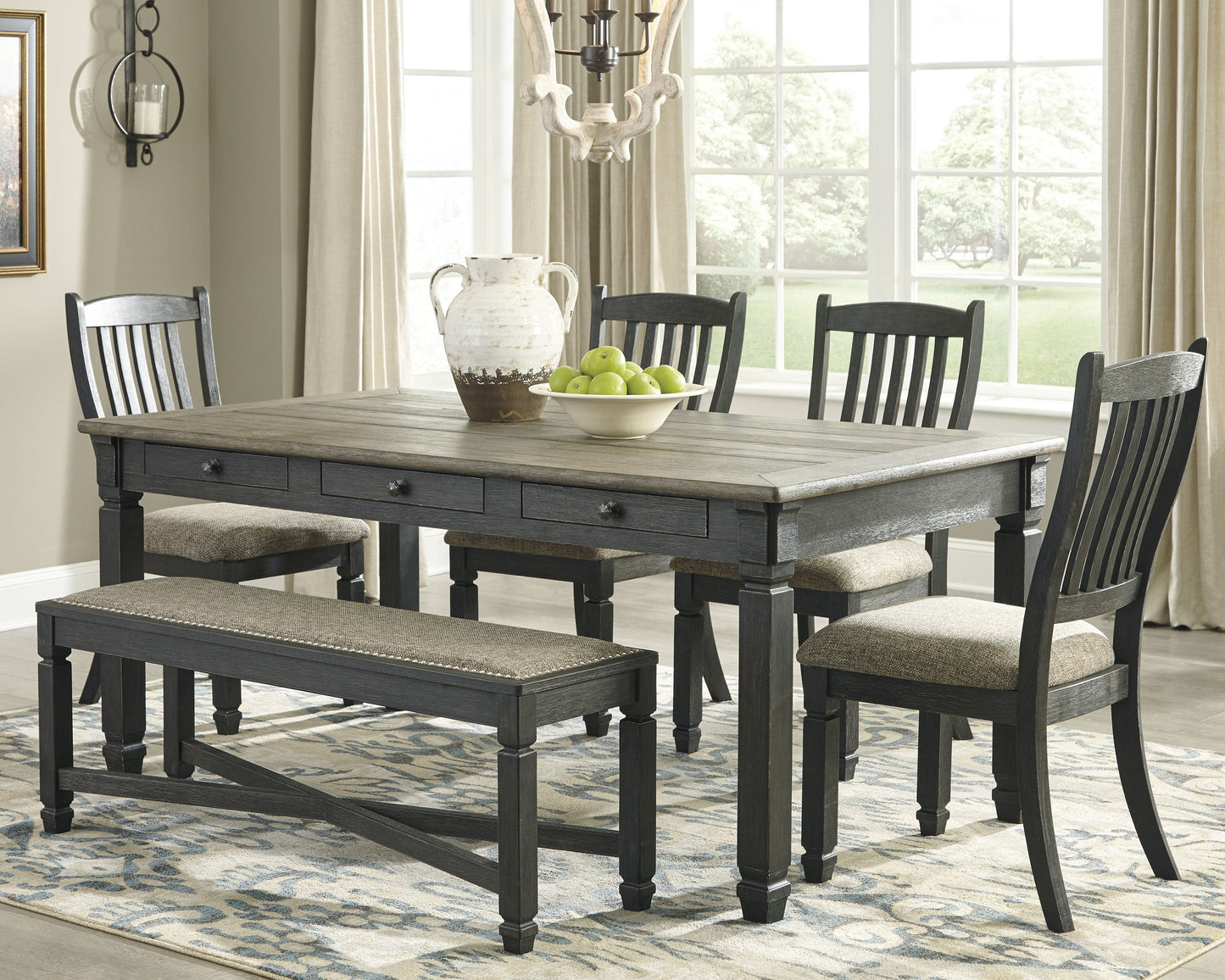 Tyler Creek Black/Gray Dining Table, 4 Chairs and Bench